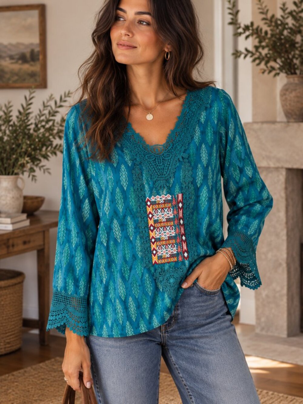 Sundance Embroidered Silk Cotton Blouse M Teal Boho Crochet Lace